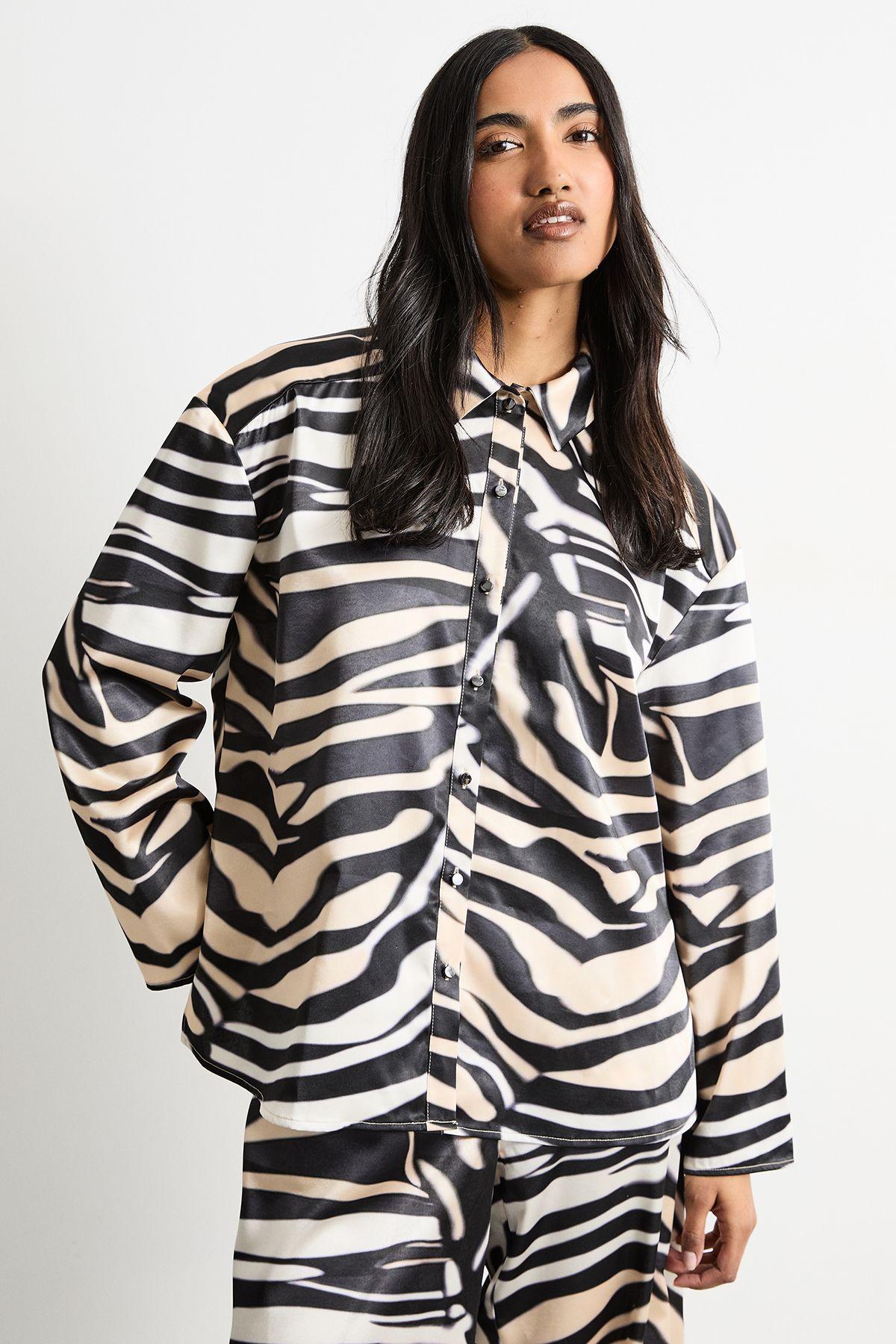 Zebra Printed Oversized Satin Shirt by WAREHOUSE
