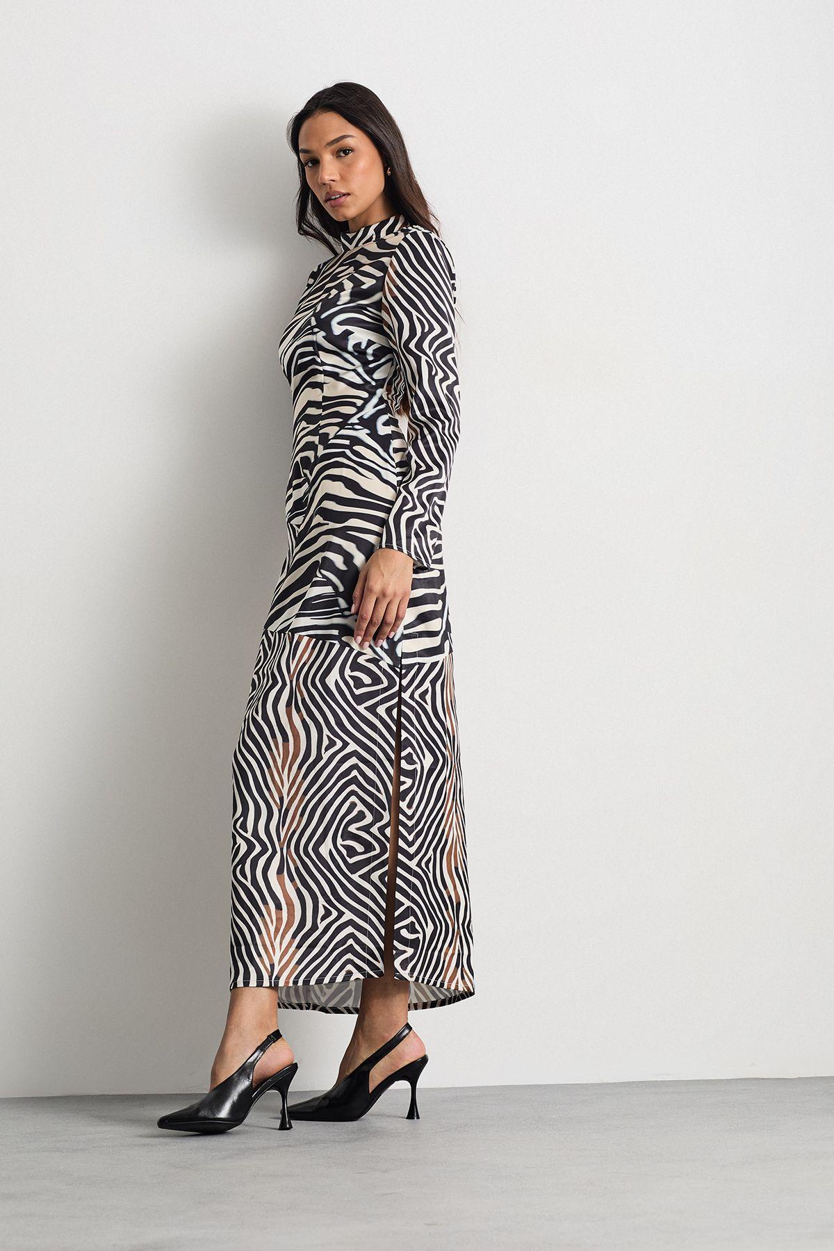 Zebra Printed Satin Panelled Maxi Dress by WAREHOUSE