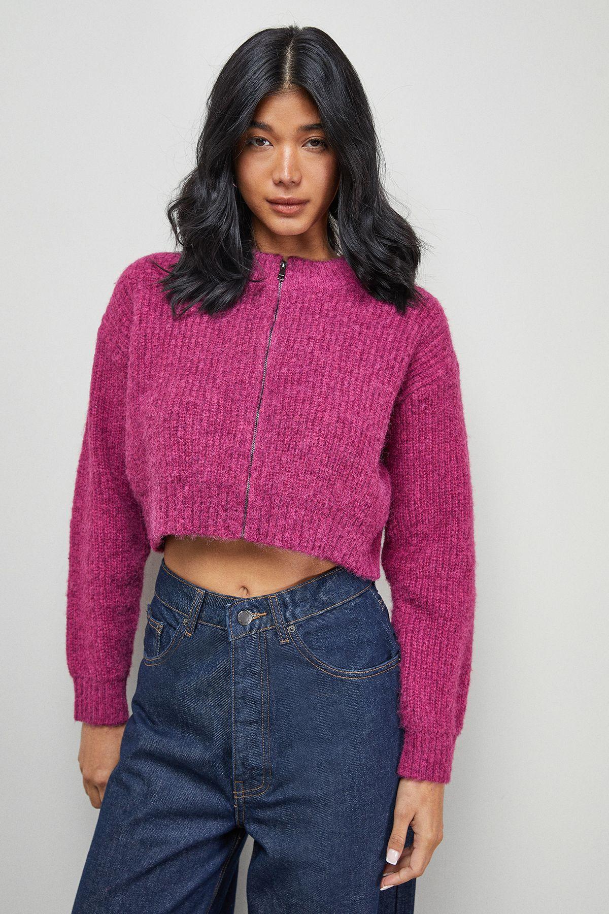 Zip Up Rib Crew Cardigan by WAREHOUSE
