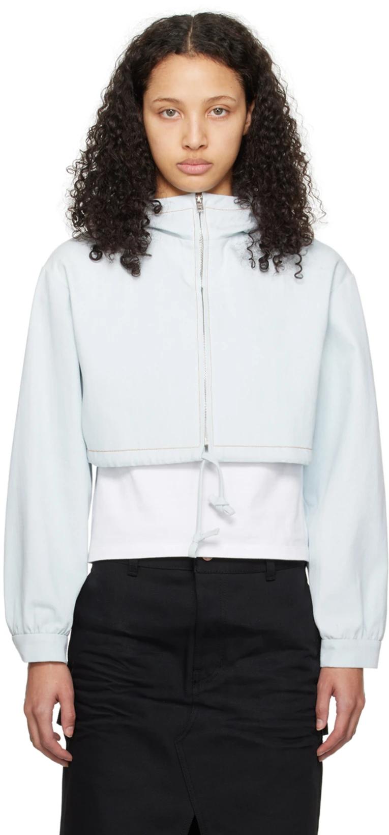 Blue Cropped Denim Hoodie by WE11DONE