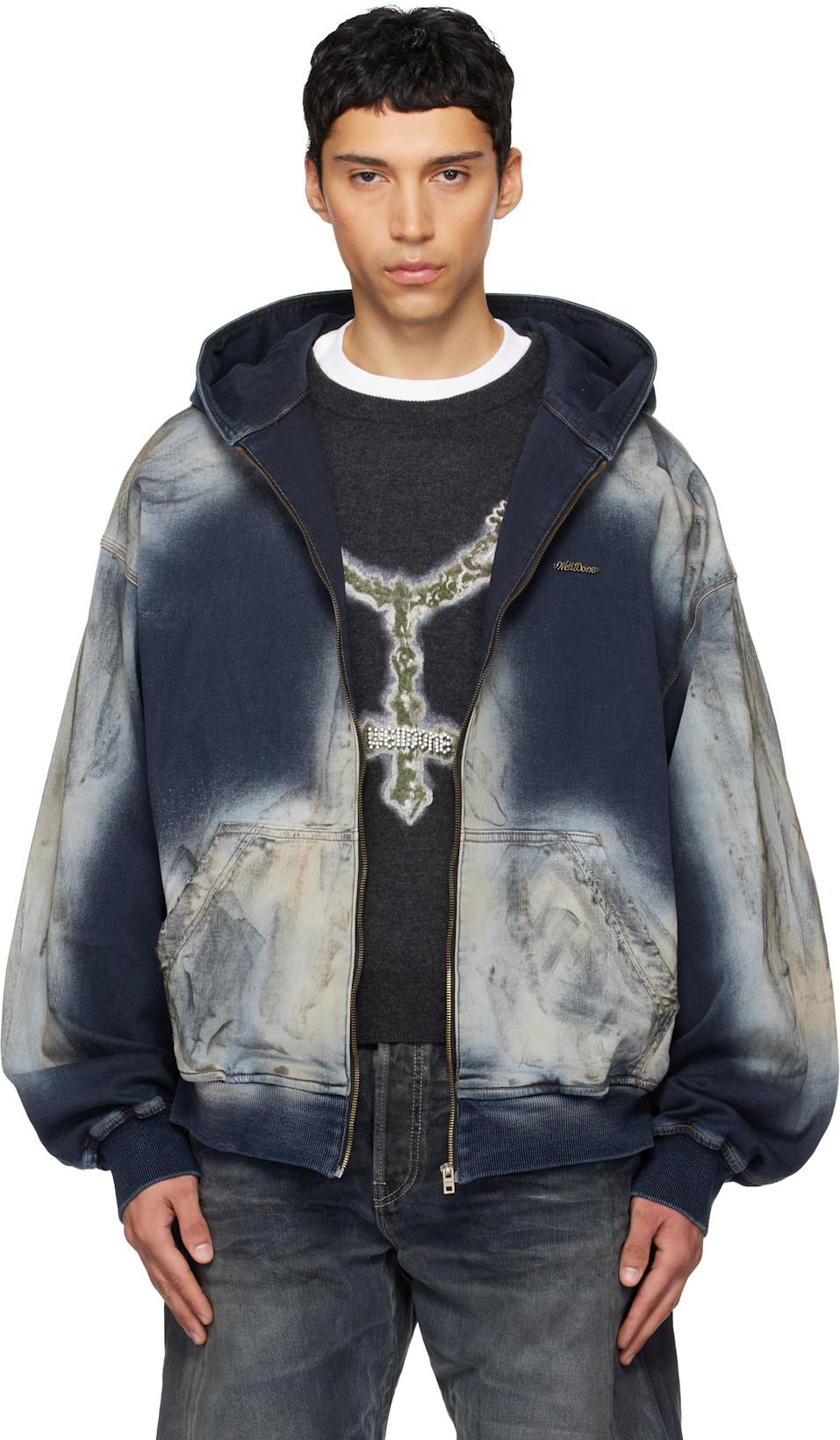 Blue Zip-Up Dirty Denim Jacket by WE11DONE