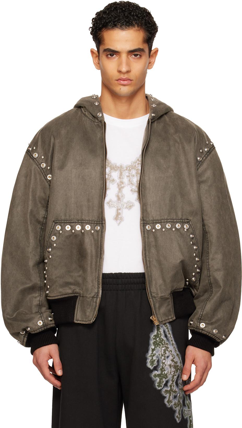 Gray Studded Hooded Bomber Jacket by WE11DONE