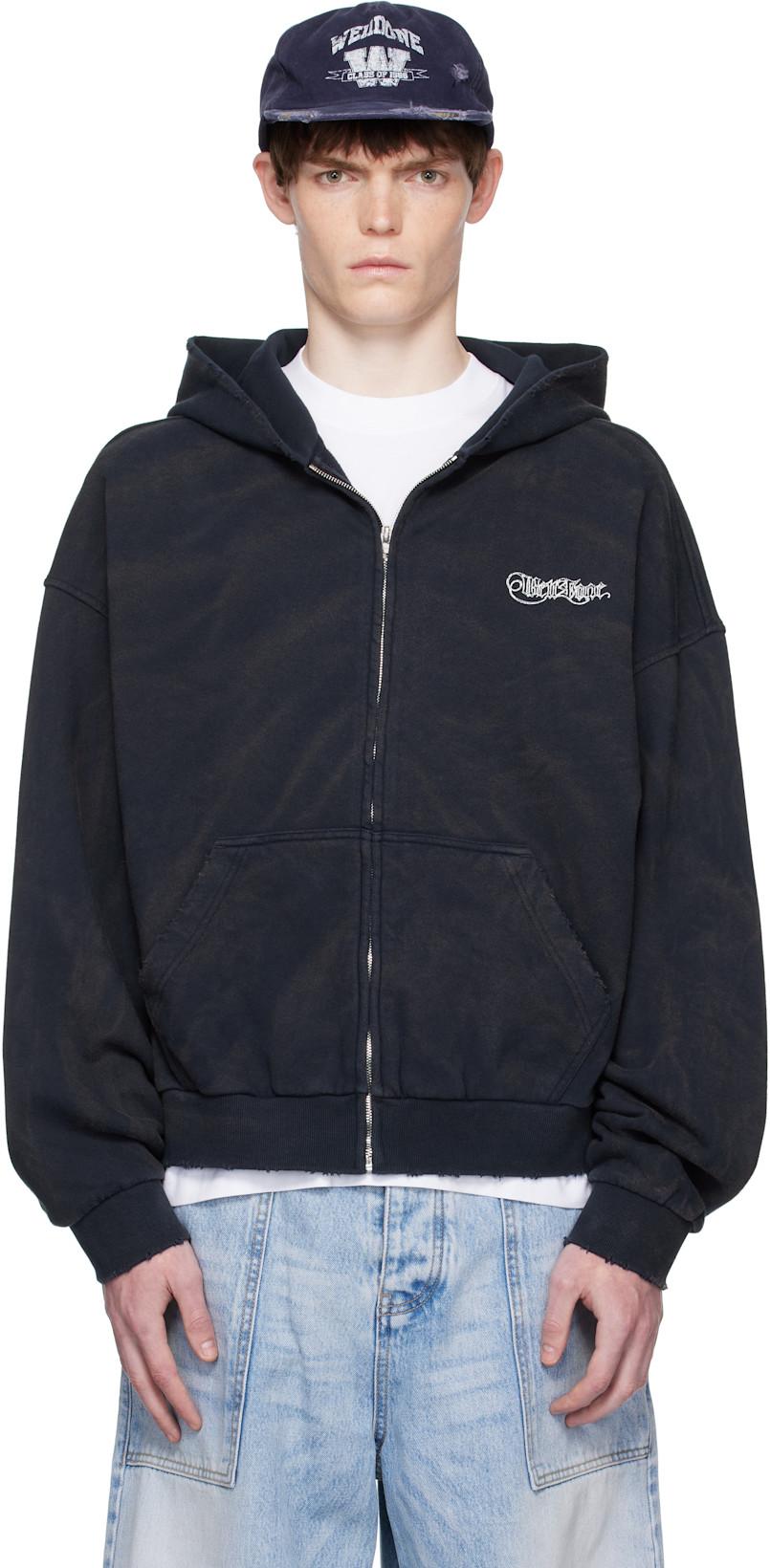 Navy Gothic Logo Printed Hoodie by WE11DONE Navy Gothic Logo Printed Hoodie by WE11DONE