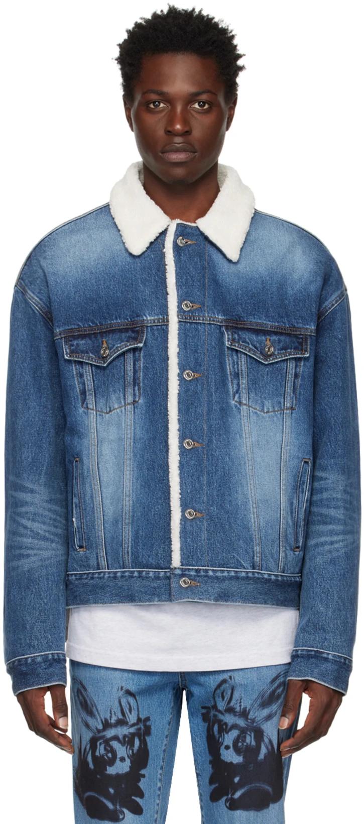 Navy Oversized Faux-Shearling Denim Jacket by WE11DONE