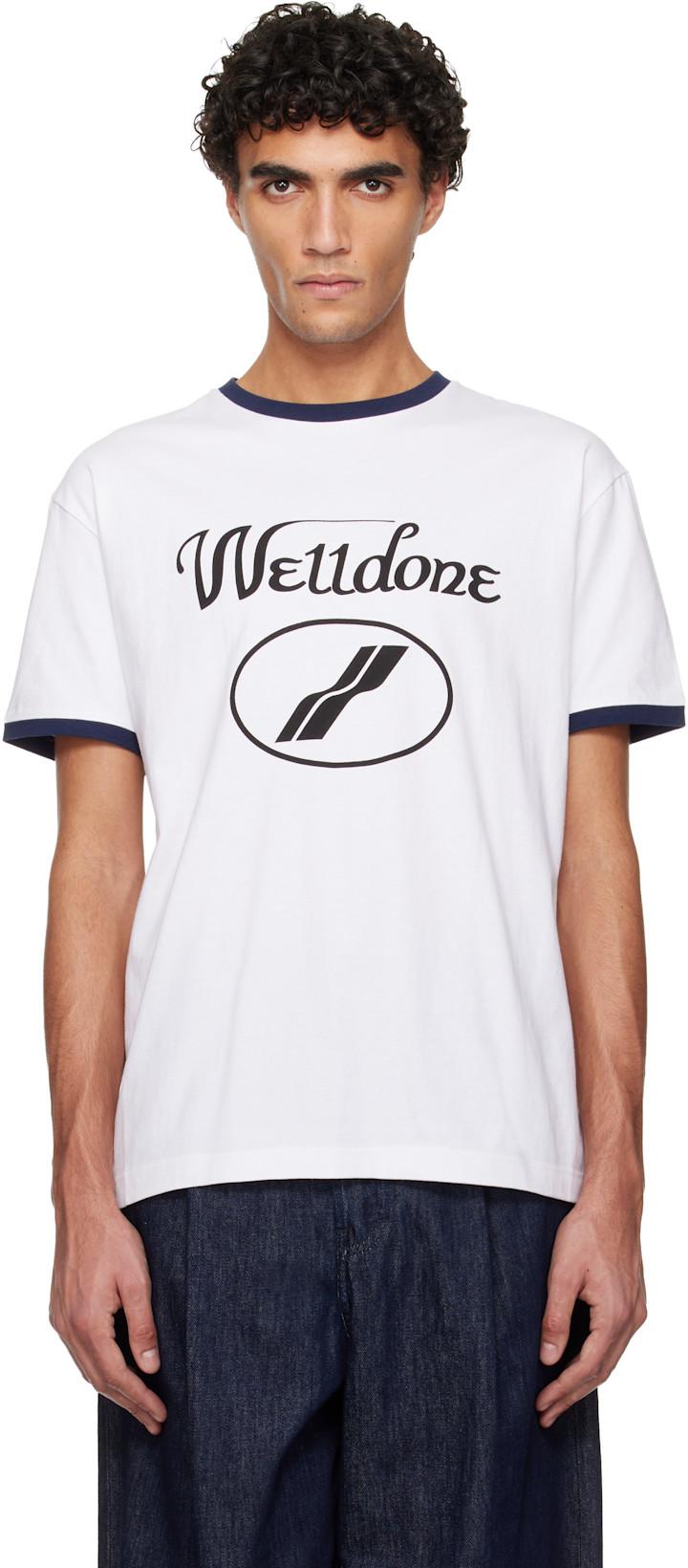 White Cursive Logo Fitted Ringer T-shirt by WE11DONE