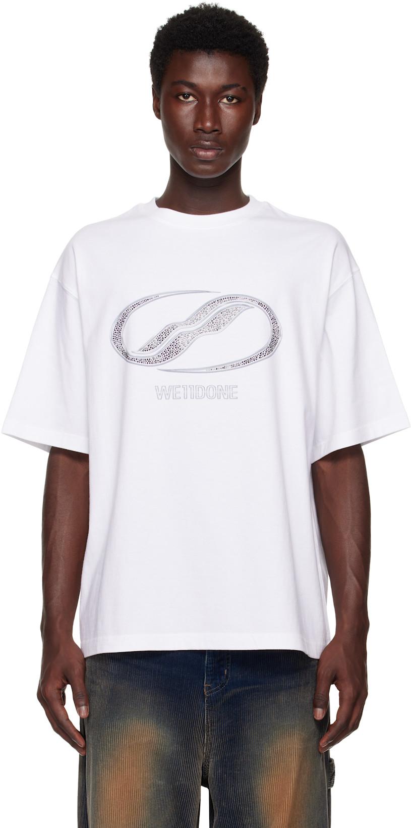 White Rhinestoned Se11done Logo T-shirt by WE11DONE