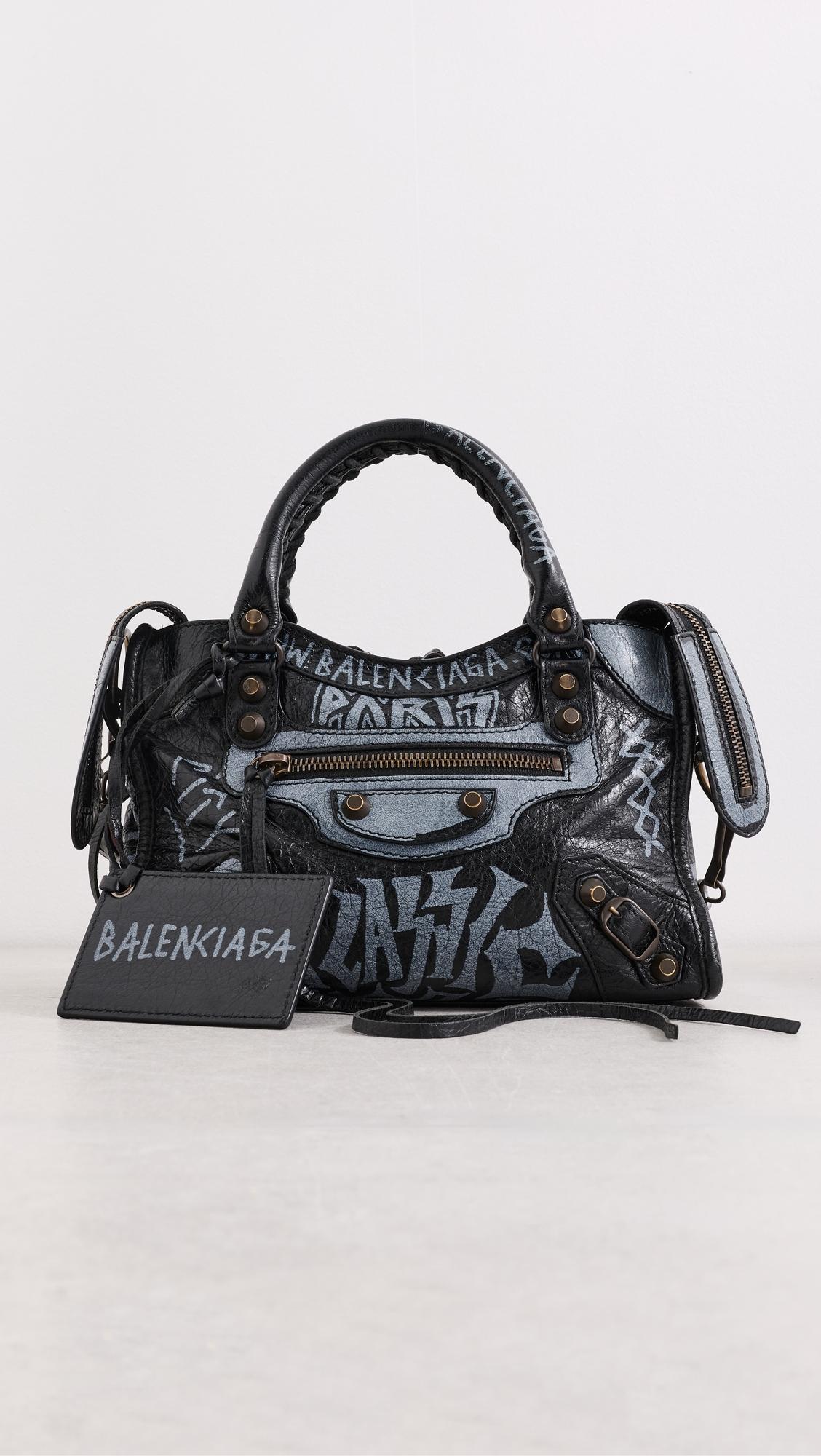 Balenciaga Black Agneau Graffiti Classic Hardware City Shoulder Bag by WHAT GOES AROUND COMES AROUND