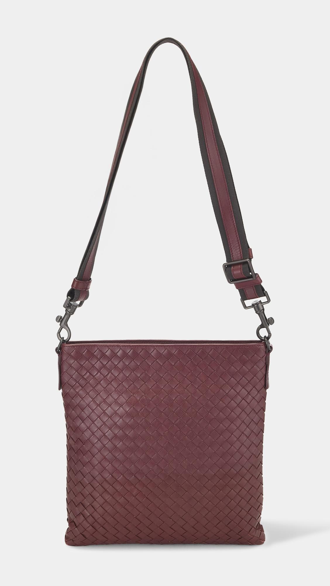 Bottega Burgundy Intrecciato Flat Messenger Bag by WHAT GOES AROUND COMES AROUND