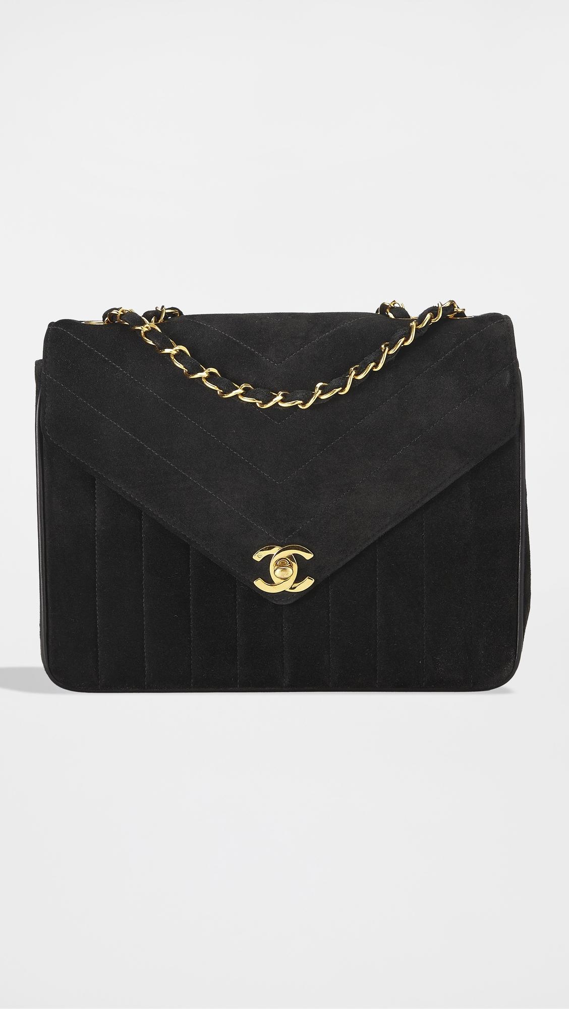 Chanel Black Suede Chevron Envelope Flap Bag by WHAT GOES AROUND COMES AROUND