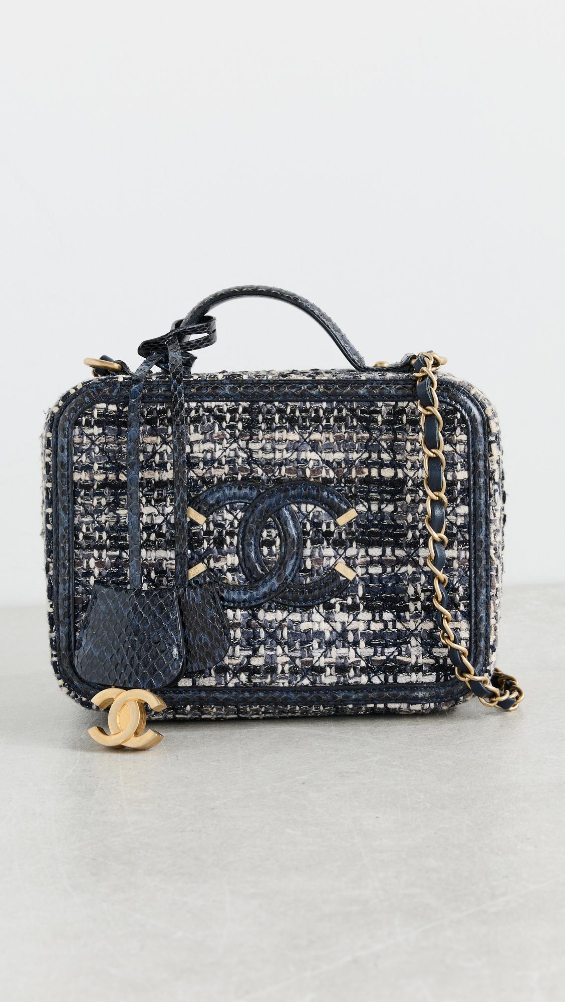 Chanel Blue Tweed Filigree Vanity Medium Bag by WHAT GOES AROUND COMES AROUND