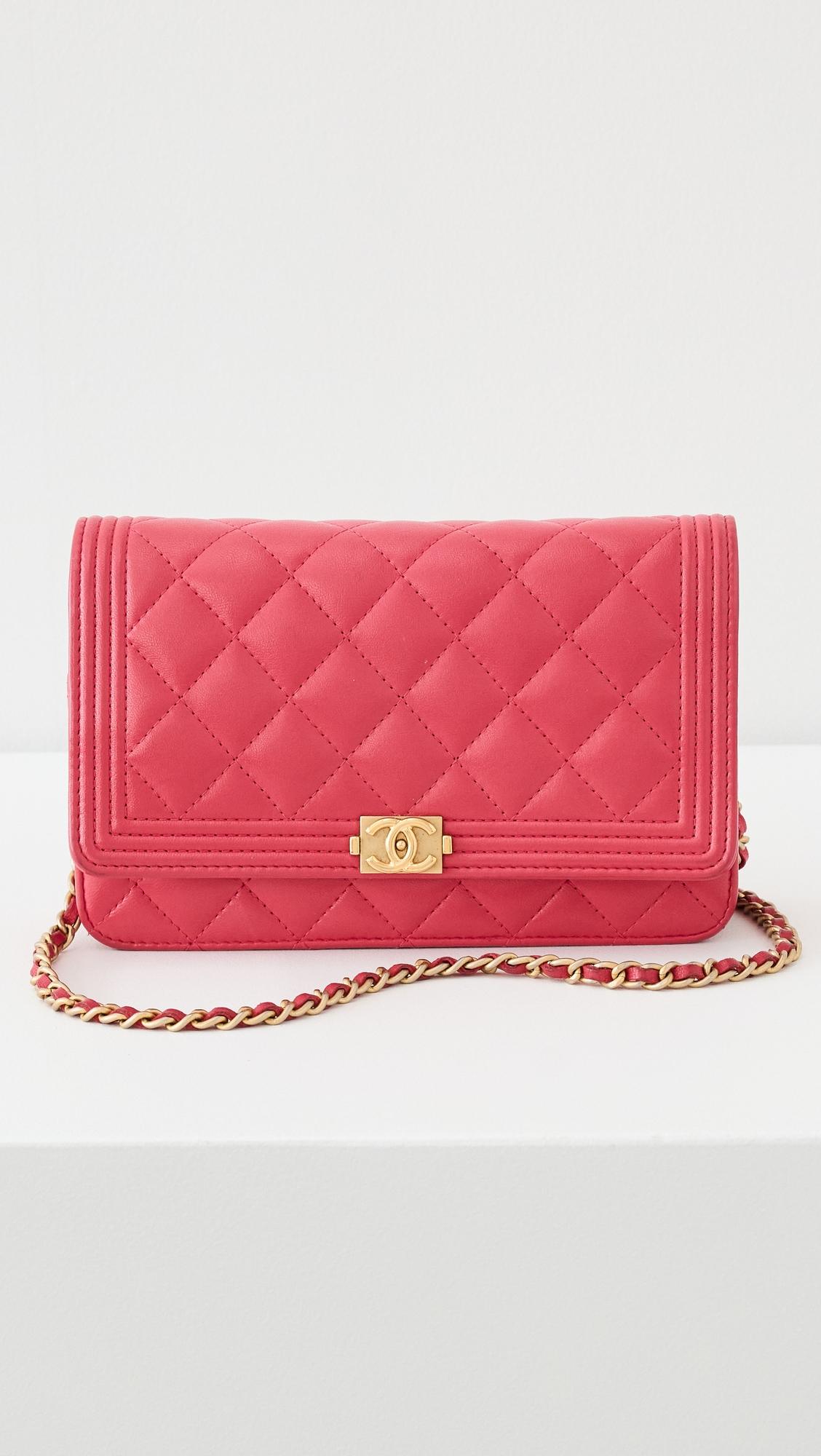 Chanel Pink Lambskin Boy Wallet On Chain by WHAT GOES AROUND COMES AROUND