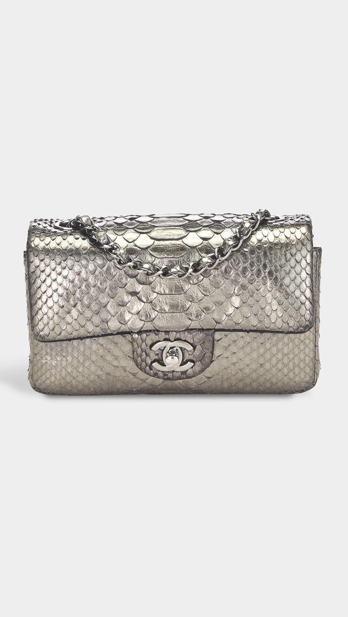Chanel Silver Python Rectangular Flap Small Shoulder Bag by WHAT GOES AROUND COMES AROUND