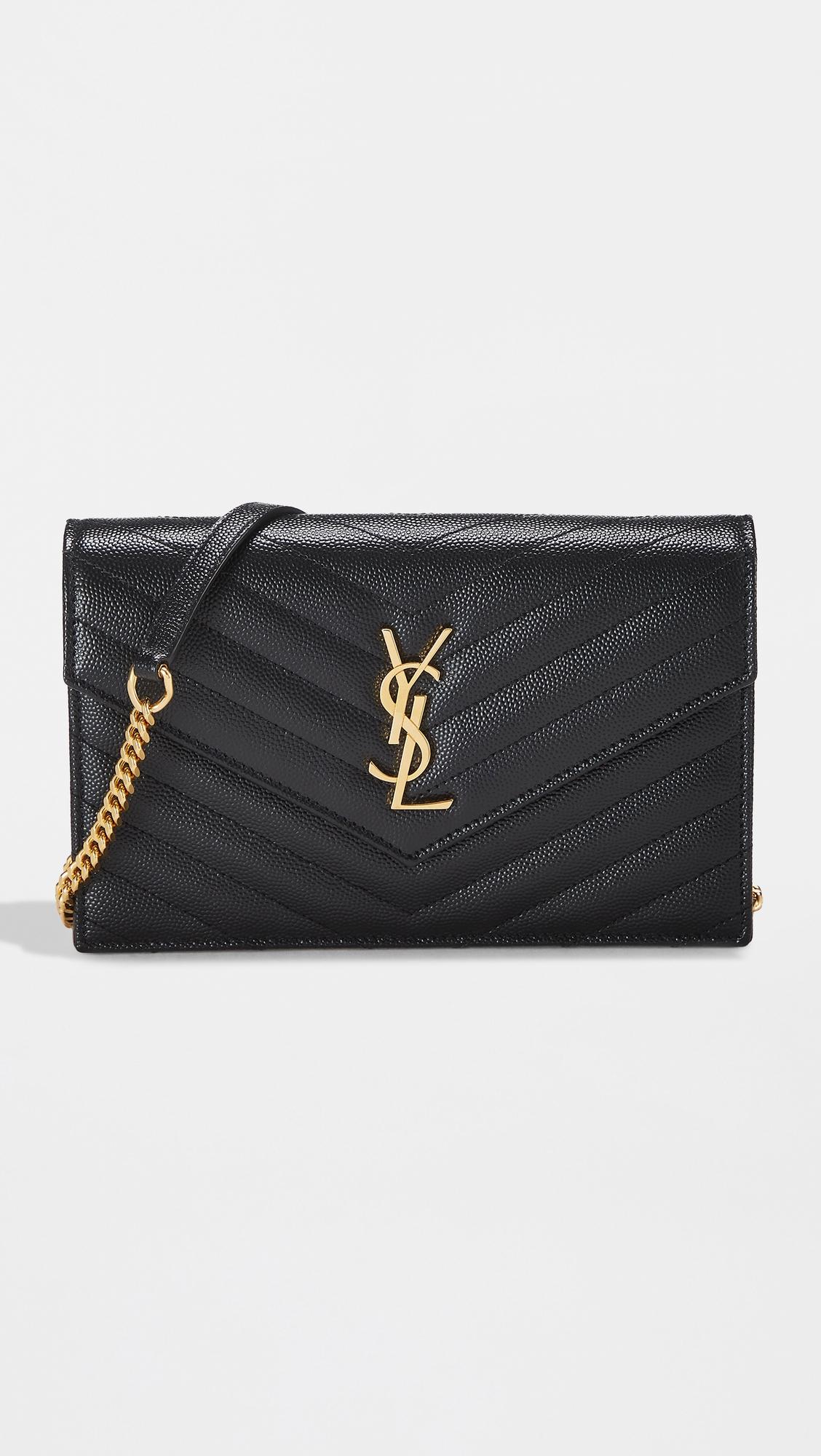 YSL Black Grainy Small Envelope Wallet On Chain by WHAT GOES AROUND COMES AROUND