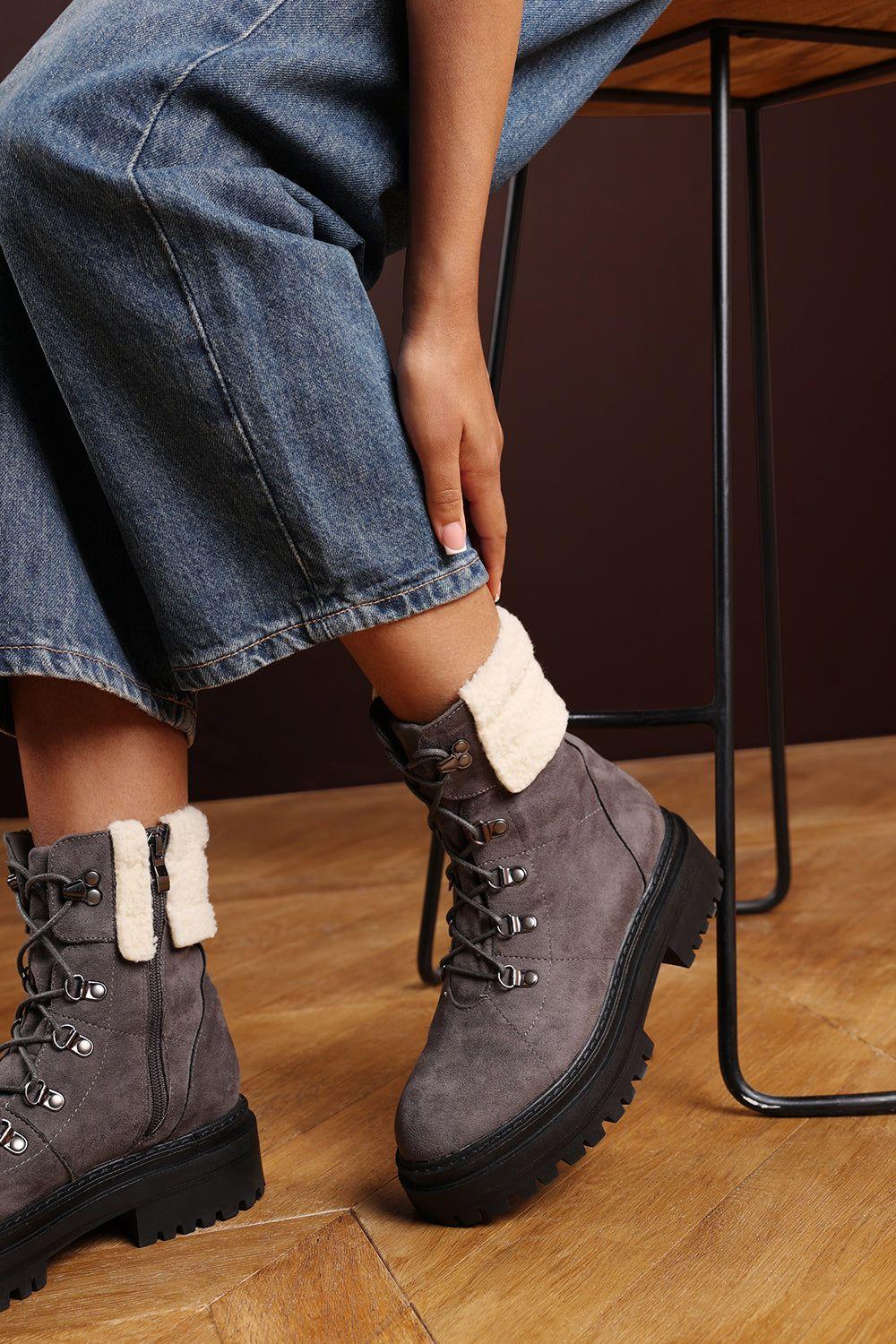 'Alia' Suede Lace-Up Ankle Boots with Faux Fur Lining and Chunky Sole by WHERE'S THAT FROM