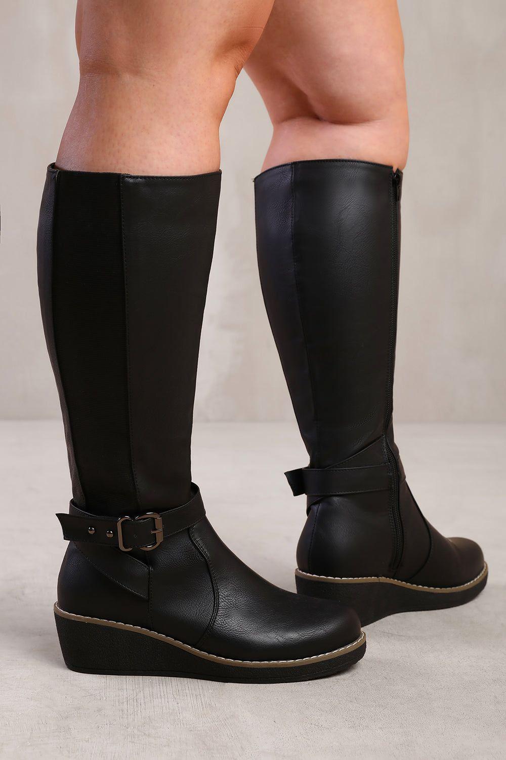 'Ayleen' Wide Calf Wedge Heel Knee High Boots With Elastic Panel by WHERE'S THAT FROM