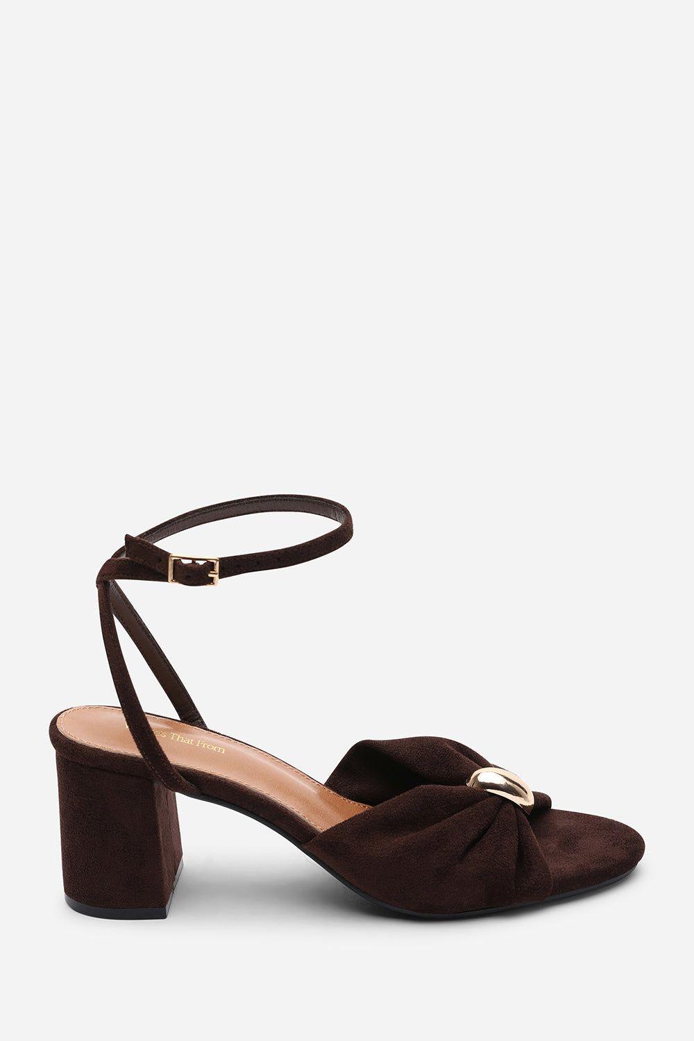 Bluebird Block Heel Ruched Buckle Suede Sandal by WHERE'S THAT FROM