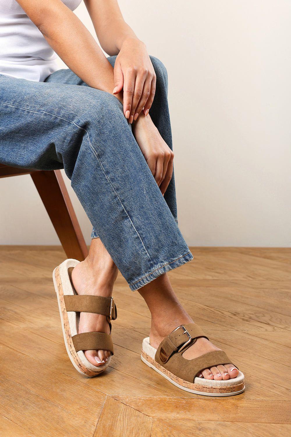'Brelia' Dual Strap Flat Sandals with Buckle Closure by WHERE'S THAT FROM