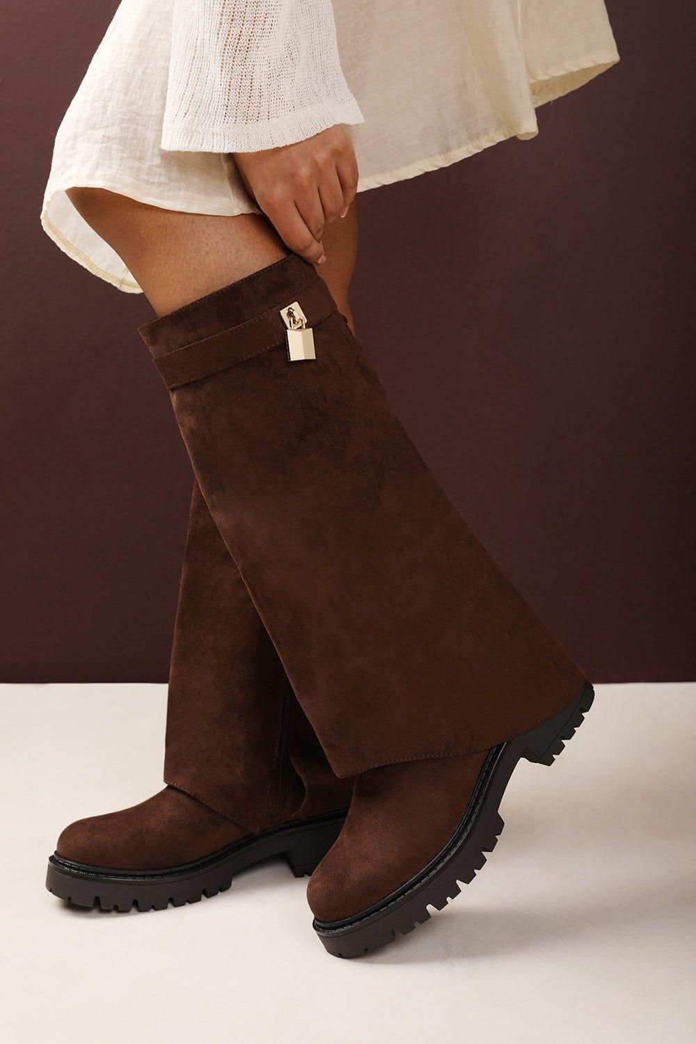 'Brescia' Fold Over Knee High Chunky Sole Boots by WHERE'S THAT FROM