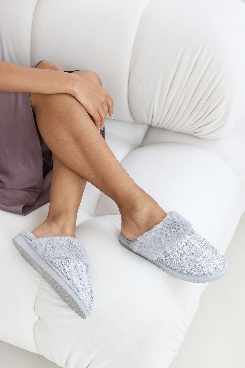 'Celeste' Sequin Tweed Mule Slippers With Faux Fur Trim by WHERE'S THAT FROM