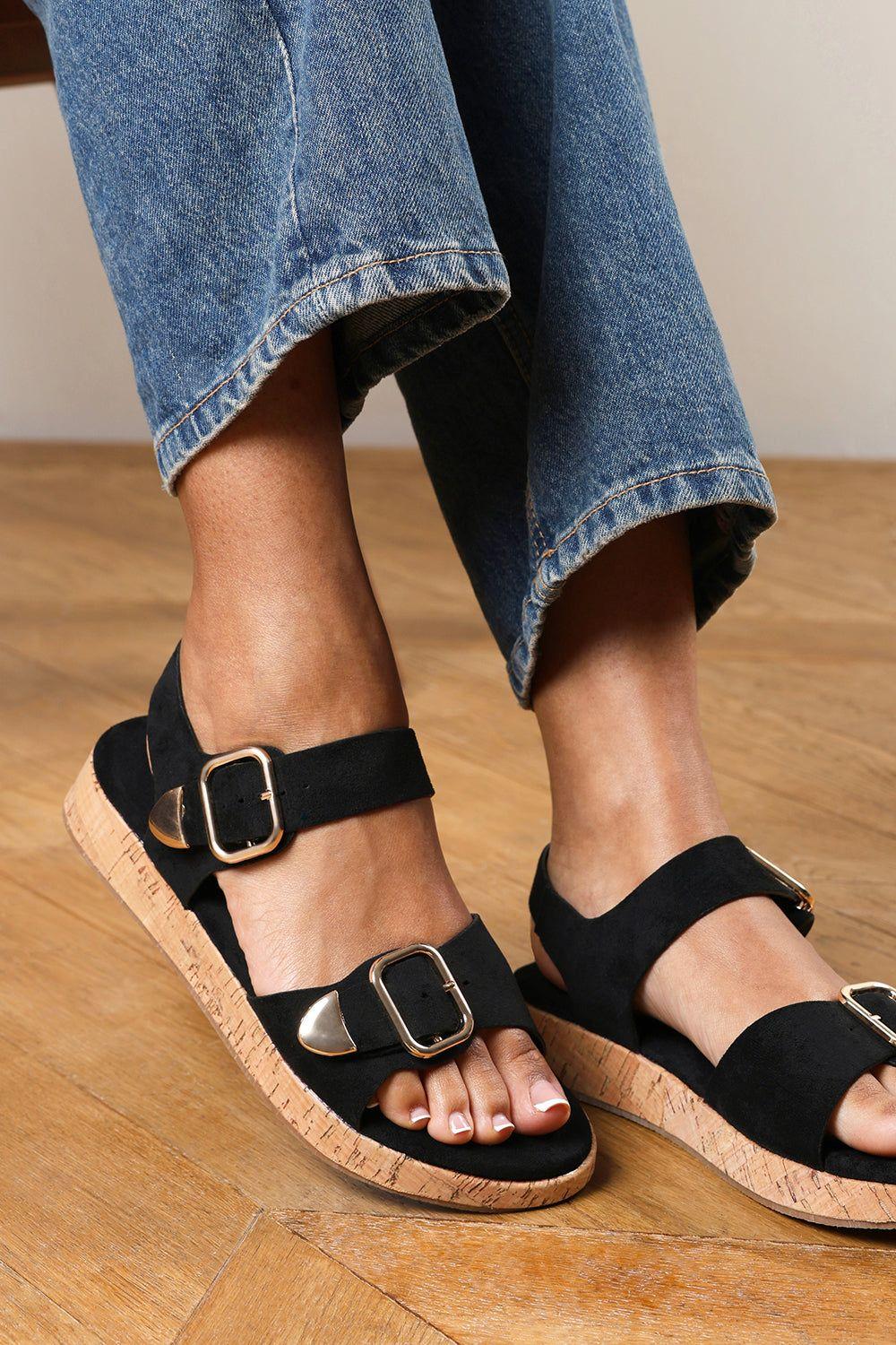 'Cevina' Low Wedge Sandals with Dual Buckle Closure Straps by WHERE'S THAT FROM