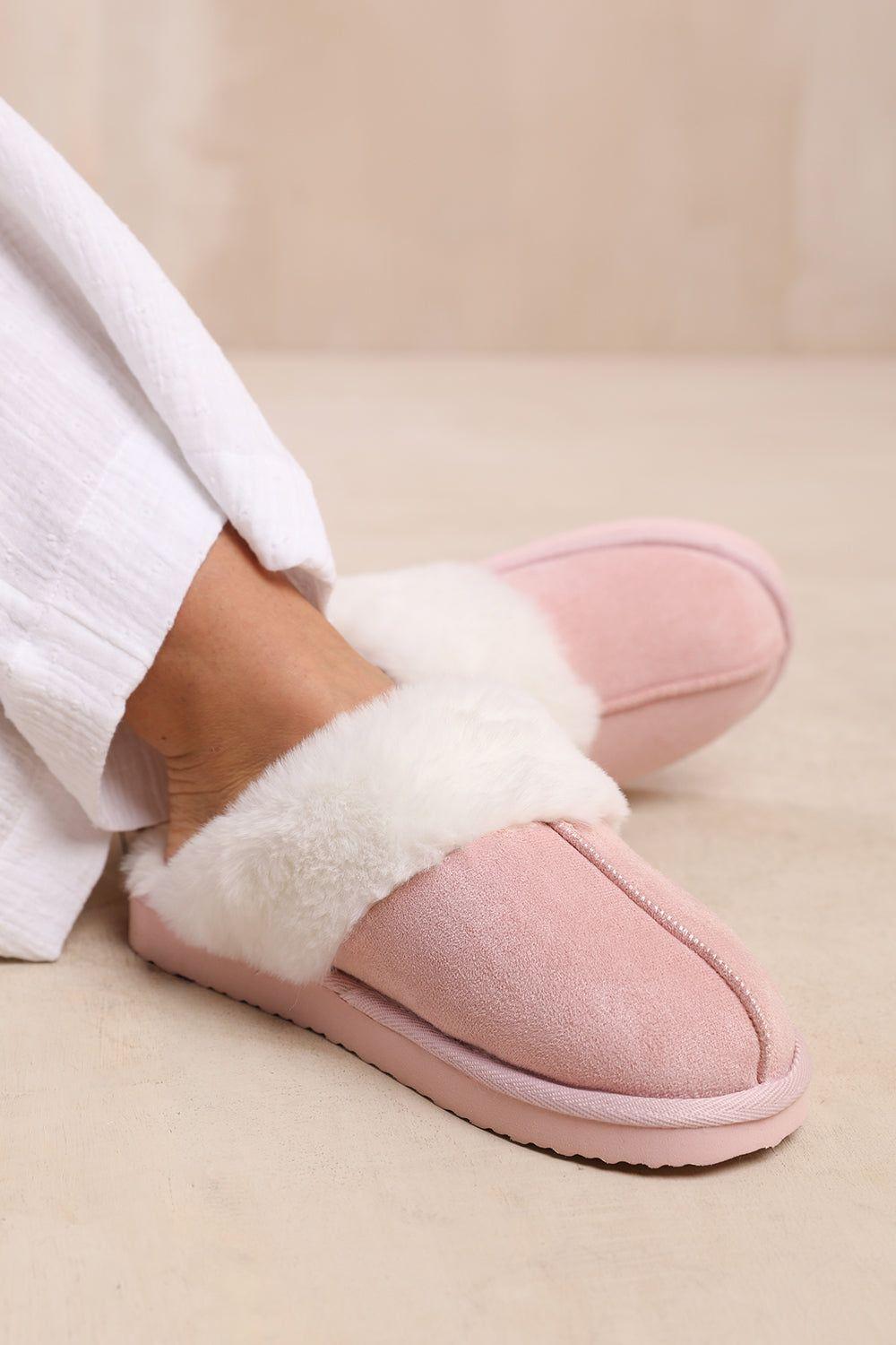 'Comfort' Slip On Slippers With Fur Trim Suede by WHERE'S THAT FROM