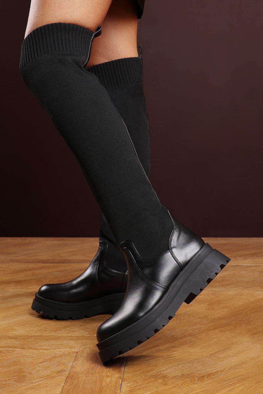 'Dalia' Over The Knee Low Block Heel Boots with Ribbed Knit Panel by WHERE'S THAT FROM