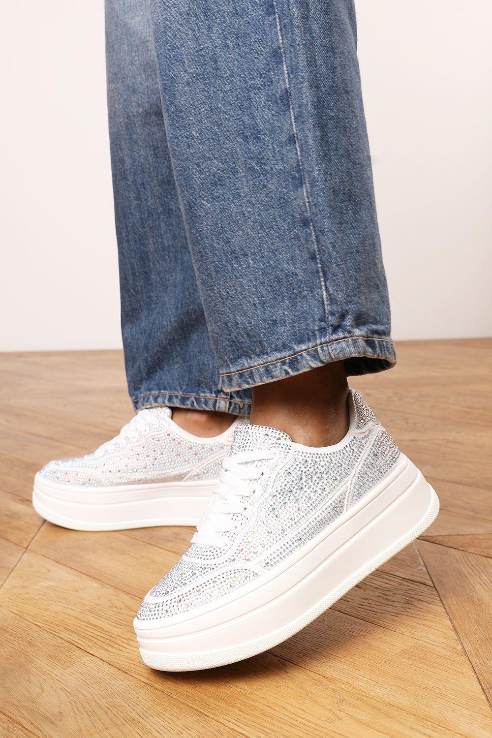 'Darcia' Wedge Lace Up trainer with diamante Detail by WHERE'S THAT FROM
