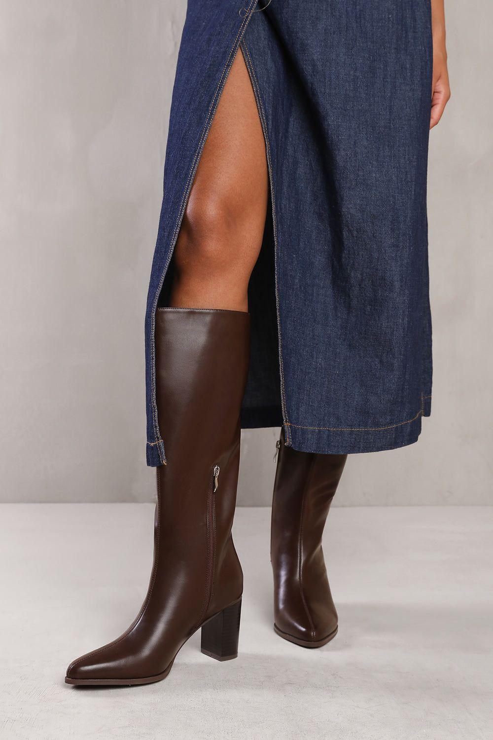 'Delta' Block Heel Knee High Boots With Side Zip by WHERE'S THAT FROM
