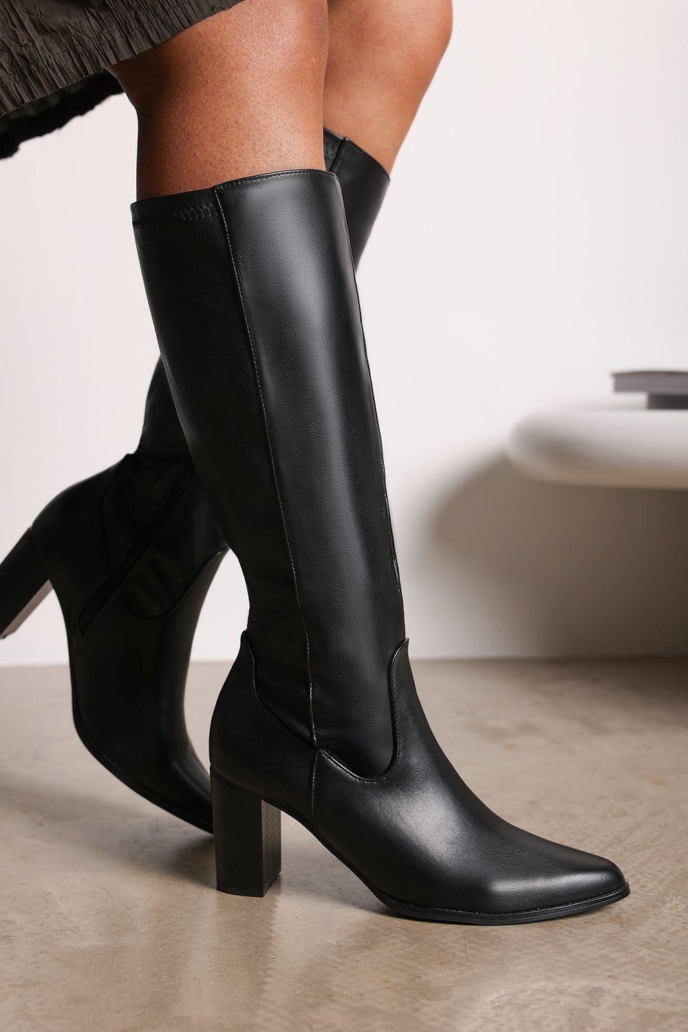 'Frankie' Faux Leather Knee High Boots with Block Heel by WHERE'S THAT FROM