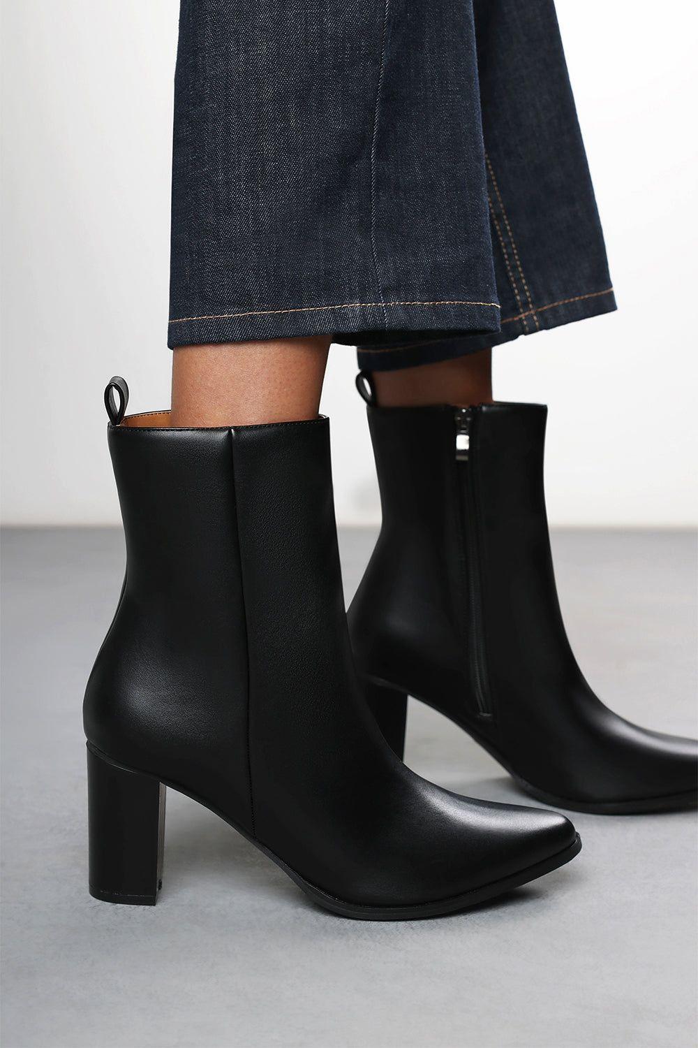 'Greta' Faux Leather Pointed Toe Ankle Boots With Block Heel by WHERE'S THAT FROM