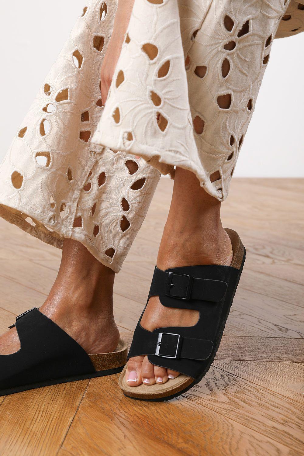 'Haley' Double Buckle Plaited Flatform Slider by WHERE'S THAT FROM