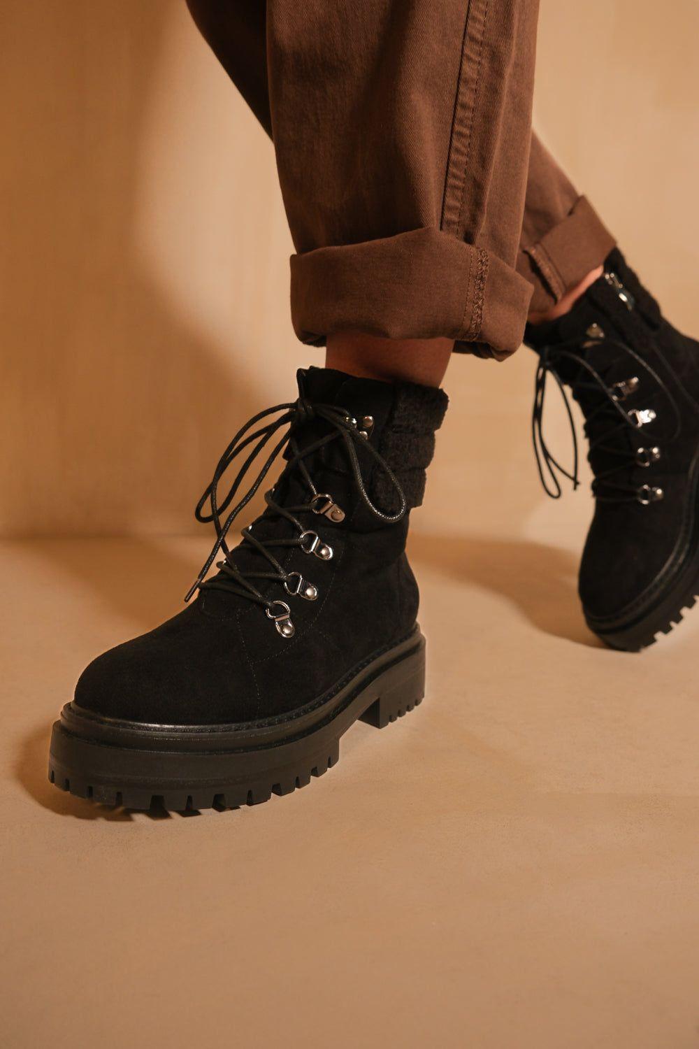 'Heidi' Platform Lace Up Boot With Side Zip And Faux Wool Detail Around The Ankle by WHERE'S THAT FROM
