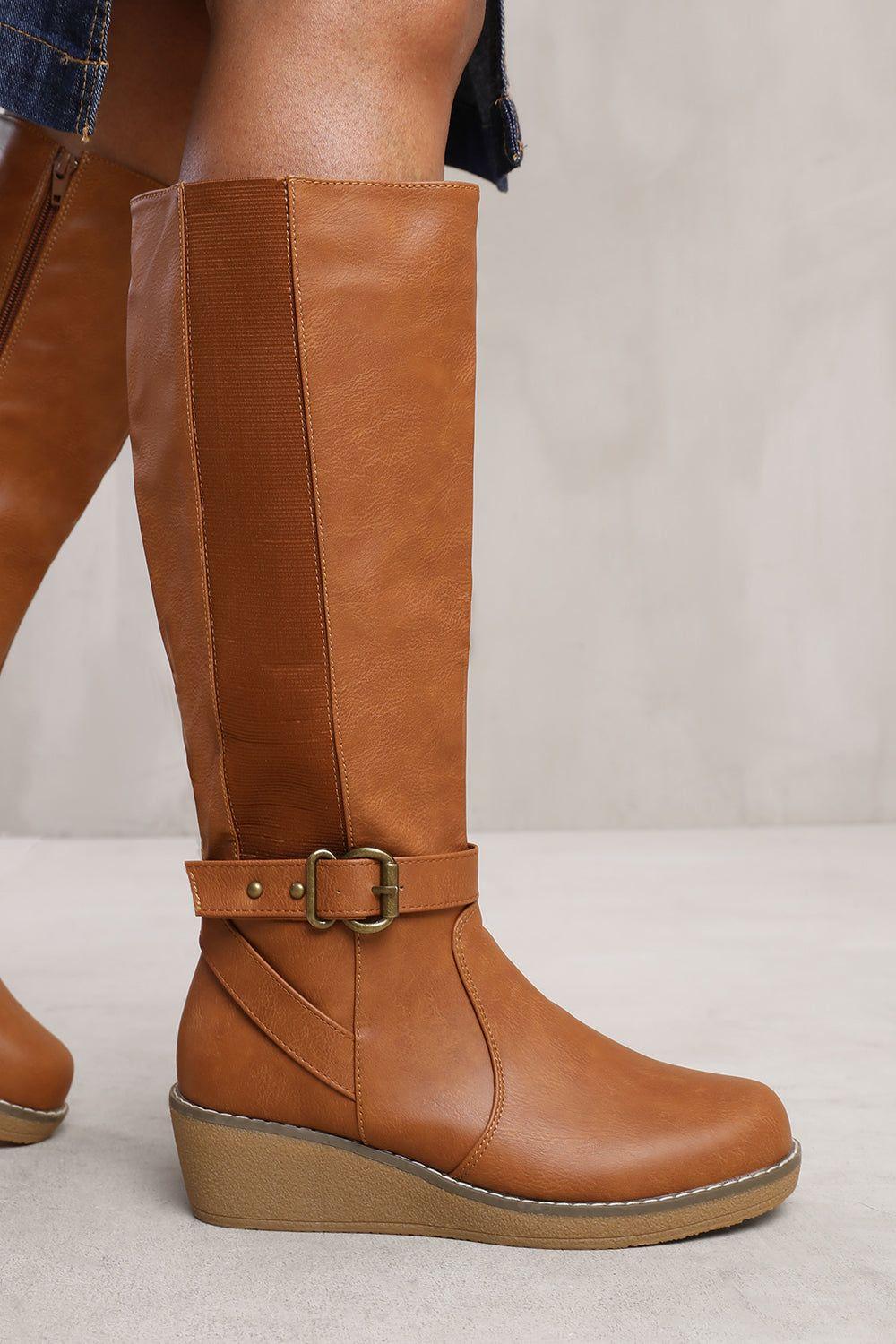 'Jacinta' Wedge Heel Knee High Boots With Elastic Panel by WHERE'S THAT FROM