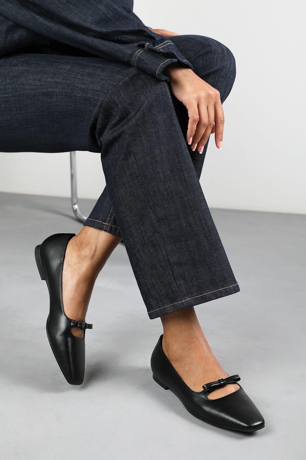 'Jessica' Square Toe Ballet Flats With Knot Bow by WHERE'S THAT FROM