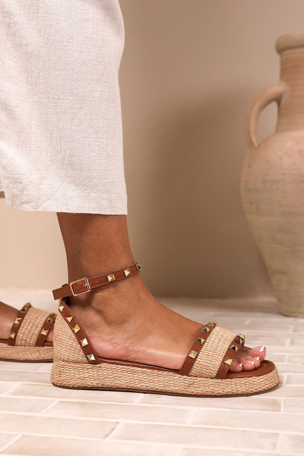 'Katara' Studded Gladiator Braided Strap Espadrille Flatform by WHERE'S THAT FROM