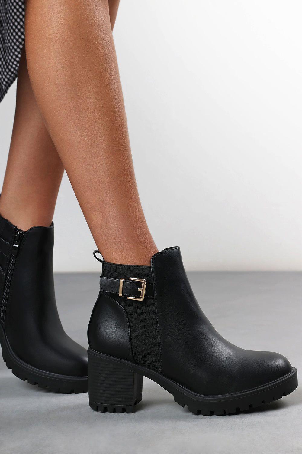 'Katie' Faux Leather Chunky Heel Ankle Boots with Buckle by WHERE'S THAT FROM