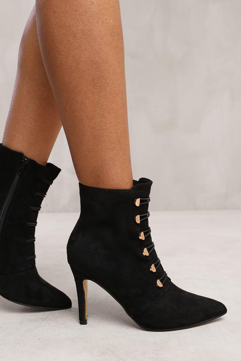 'Leane' Pointed Toe Mid Heel Ankle Boots With Gold Buttons by WHERE'S THAT FROM