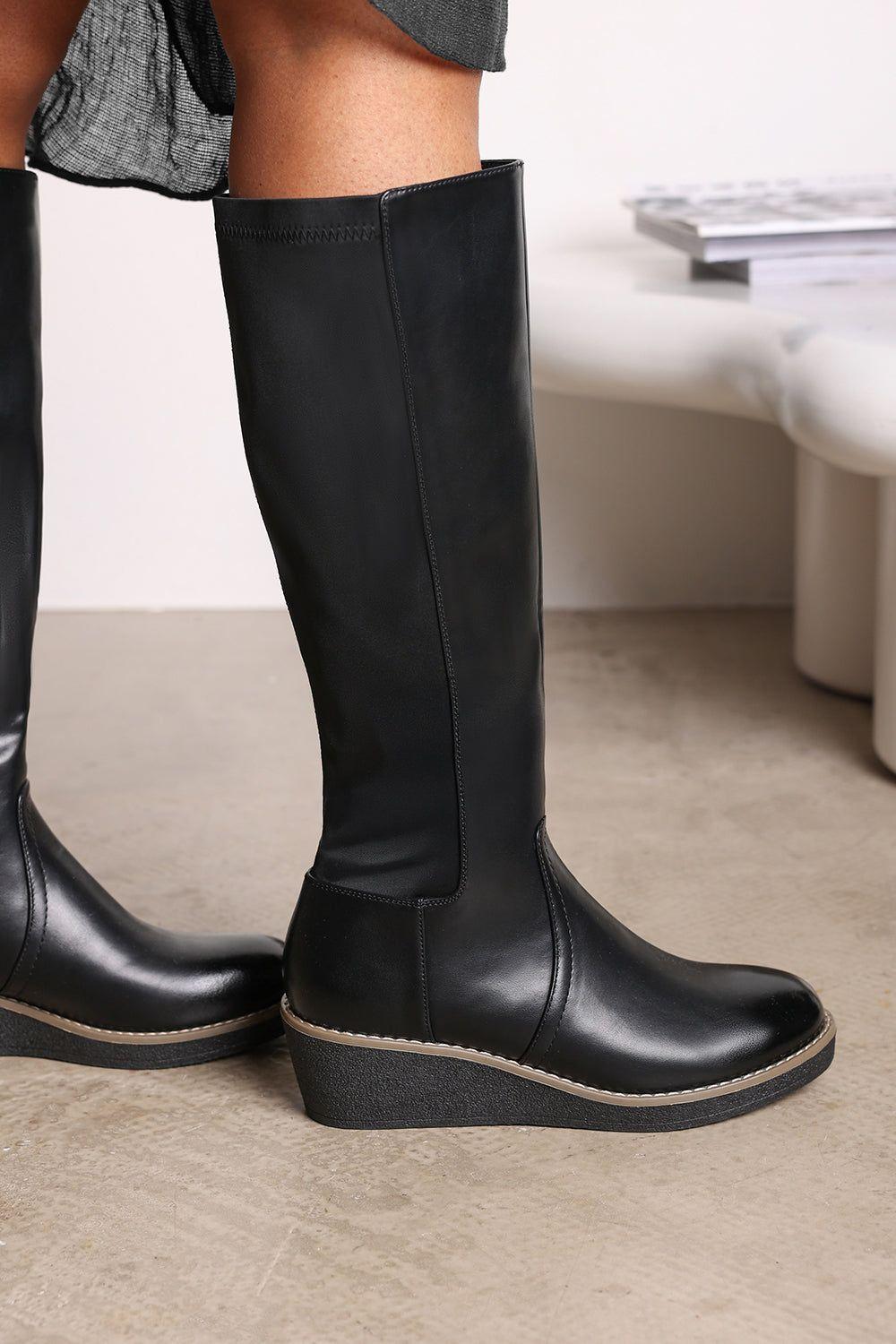 'Livia' Wide Calf Knee High Wedge Boot With Stitch Detail by WHERE'S THAT FROM