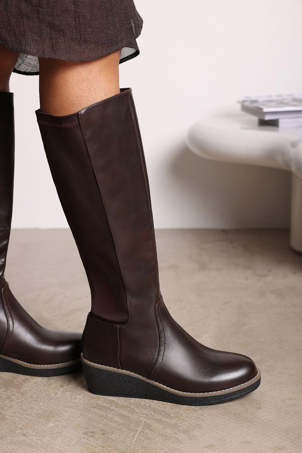 'Livia' Wide Calf Knee High Wedge Boot With Stitch Detail by WHERE'S THAT FROM