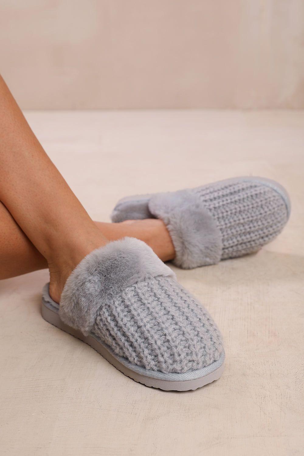 'Lounge' Slip On Knitted Slippers With Fur Trim by WHERE'S THAT FROM