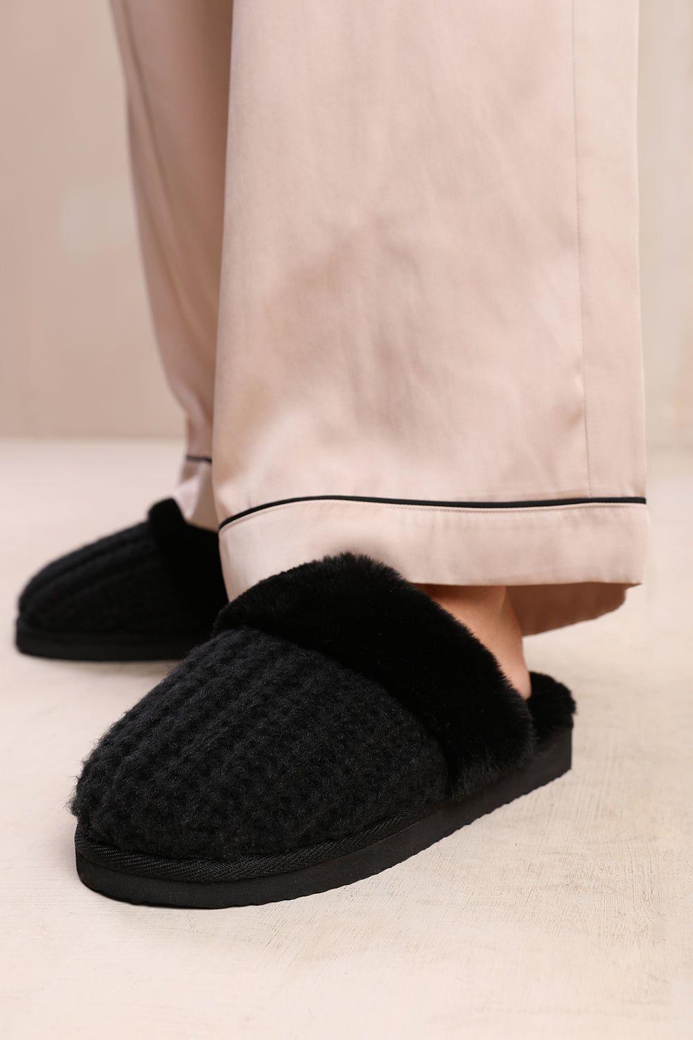 'Lounge' Slip On Knitted Slippers With Fur Trim by WHERE'S THAT FROM