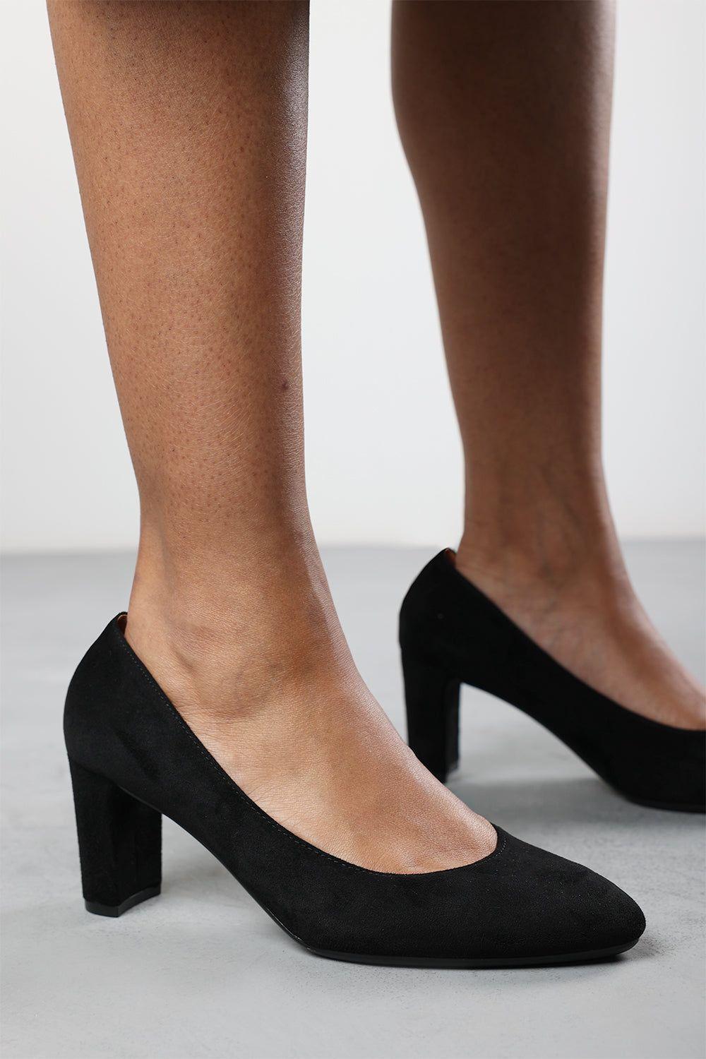 'Nolan' Suede Mid Block Heel Court Shoe With Rounded Toe by WHERE'S THAT FROM