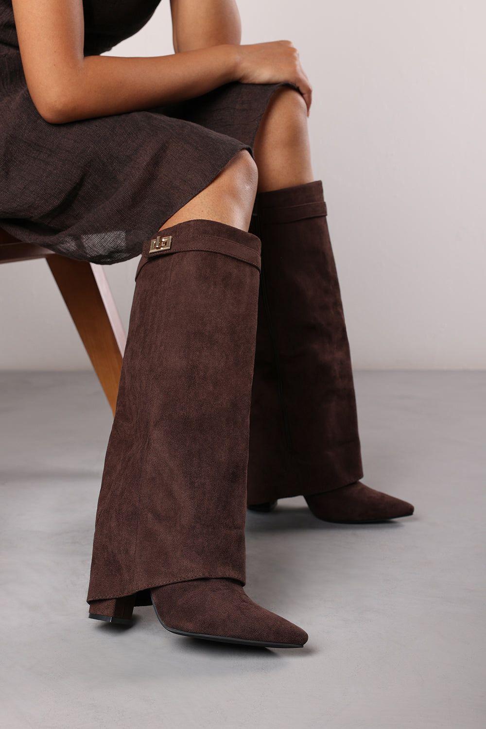 'Nova' Fold Over Shark Block Heel Point Toe Boots Suede by WHERE'S THAT FROM