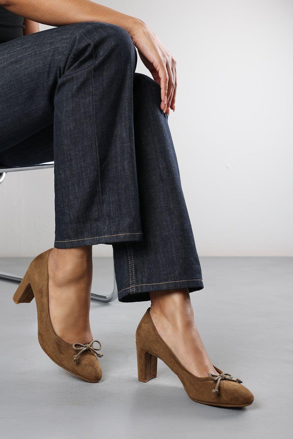 'Primrose' Wide Fit Suede Block Heel Court Shoe With Bow Detail by WHERE'S THAT FROM