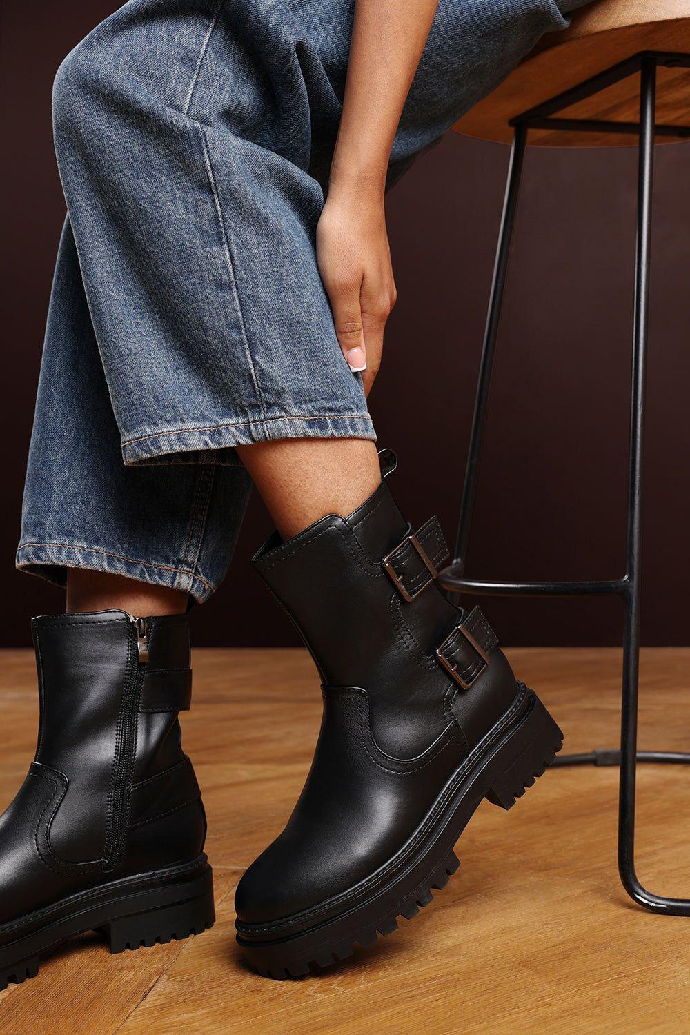 'Quora' Mid Calf Low Heel Chunky Biker Boots with Double Buckle Strap by WHERE'S THAT FROM