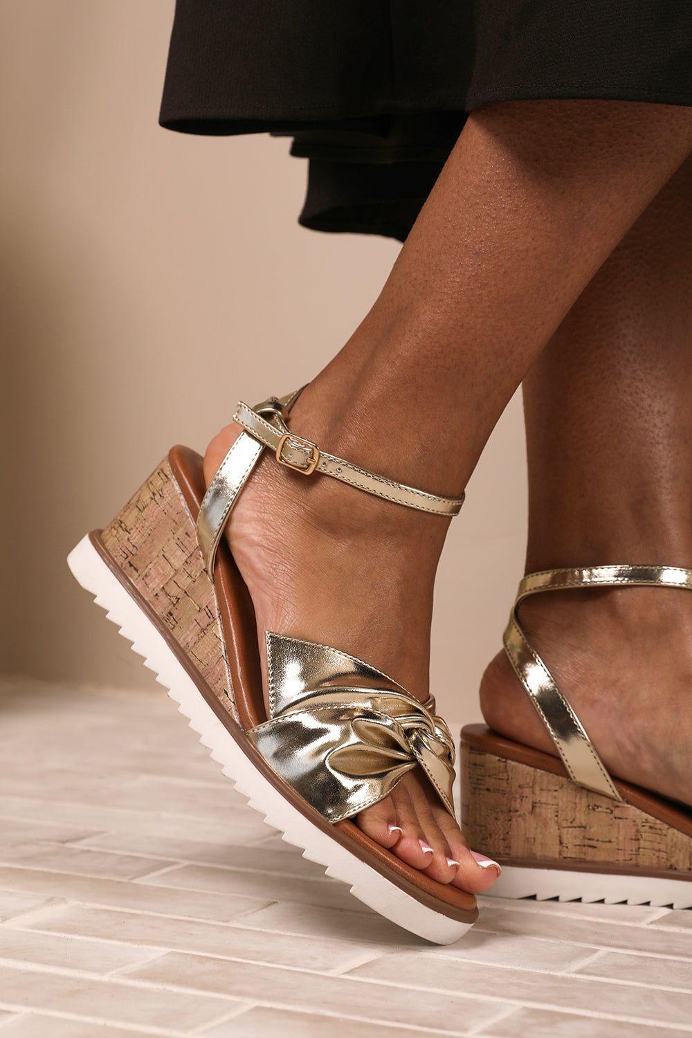 'Qween' Wide Fit Knot Detail Wedge Shoes With Buckle Ankle Strap by WHERE'S THAT FROM