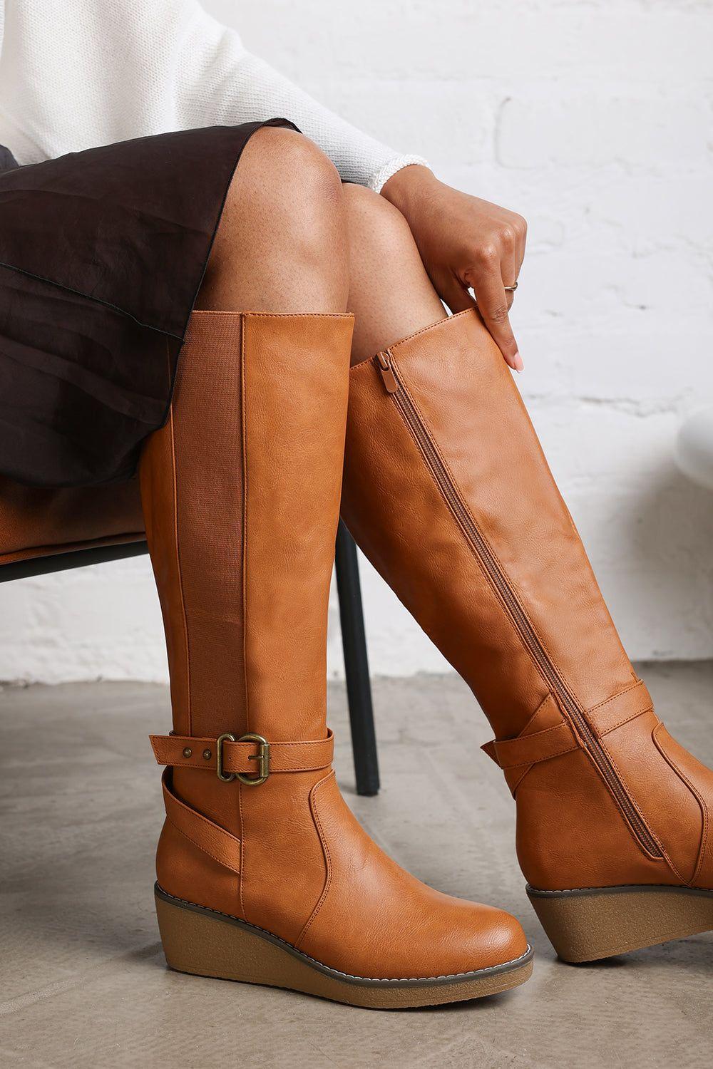 'Regina' Wide Fit Faux Leather Knee High Wedge Boots by WHERE'S THAT FROM