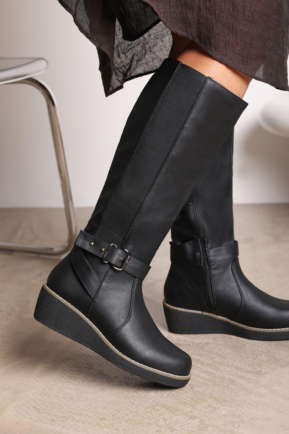 'Regina' Wide Fit Faux Leather Knee High Wedge Boots by WHERE'S THAT FROM
