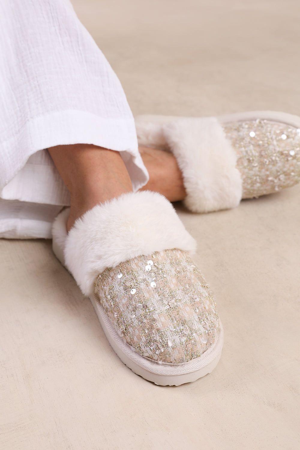'Snuggle' Slip On Sequin Slippers With Fur Trim by WHERE'S THAT FROM