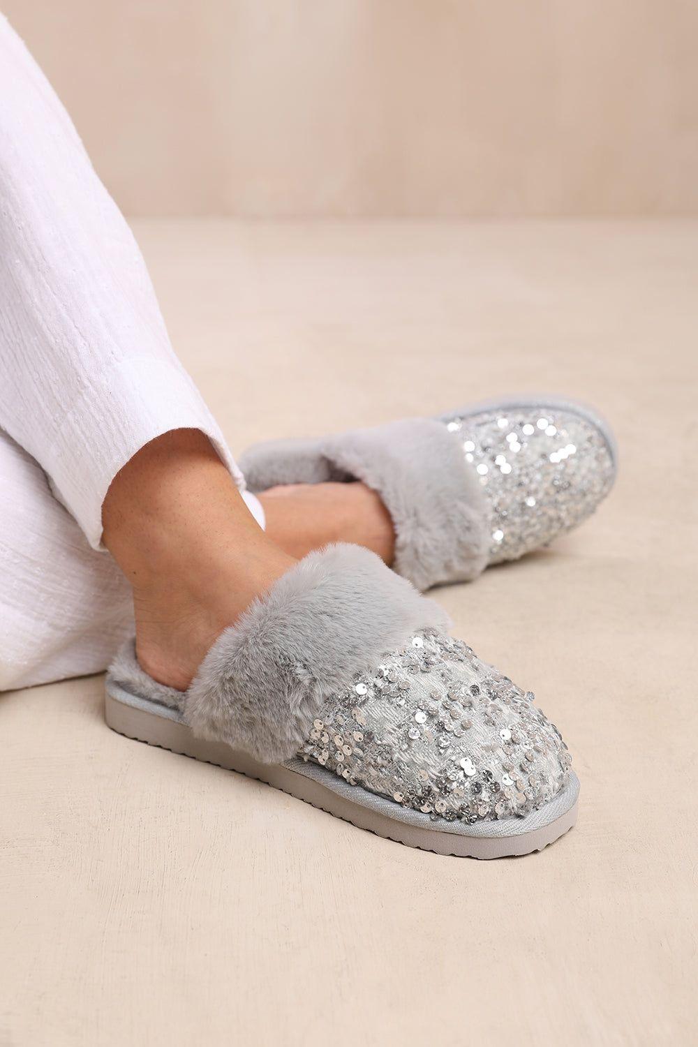 'Snuggle' Slip On Sequin Slippers With Fur Trim by WHERE'S THAT FROM